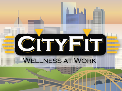 Illustration of a downtown metropolitan area with superimposed text "CityFit - Wellness at work"