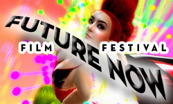"Future Now Film Festival" in stylized typography over a radiant color image of Vaneeesa Blaylock & Betty Tureaud's "Net-Work" performance at Gallery Xue Kandahar. The image links to the Future Now Film Festival section of posts on iRez