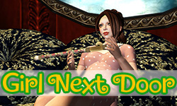 "Girl Next Door" in stylized type over photo of Trilby Minotaur in classic Second Life "Girl Next Door" dress and hair and looking a little bit stoned, holding a pipe and reclining in a virtual opium den she created in Virtual Amsterdam. Image links to Girl Next Door photo challenge posts on iRez