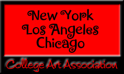 Typographic logo for College Art Association meetings in New York, Los Angeles, and Chicago, and link to posts about CAA proceedings and events on iRez