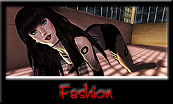 Image button linking to the Fashion posts on iRez. Image is of Lizzy Bowman "crawling" in the loft at the former Gallery Xue / NYC and wearing a black and white "moon suit" from virtual designer Jackie Graves