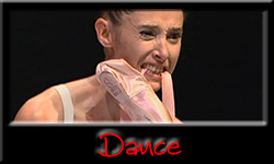 Link button for Dance related posts on the iRez virtual salon. Button features text "Dance" and an image of a dancer holding a toe shoe in her teeth