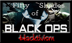 Image from Joseph DeLappe's "Fifty Shades of Black Ops" performance under the banner heading "Hacktivism" - a button linked to the Hacktivism posts on iRez