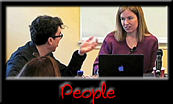 Button linking to iRez posts about "People" - interviews, profiles, appreciations, etc. Under text "People" is a photo from the Berkman Center at the Harvard Law School of Virginia Heffernan in conversation with former classmate Jonathan Zittrain