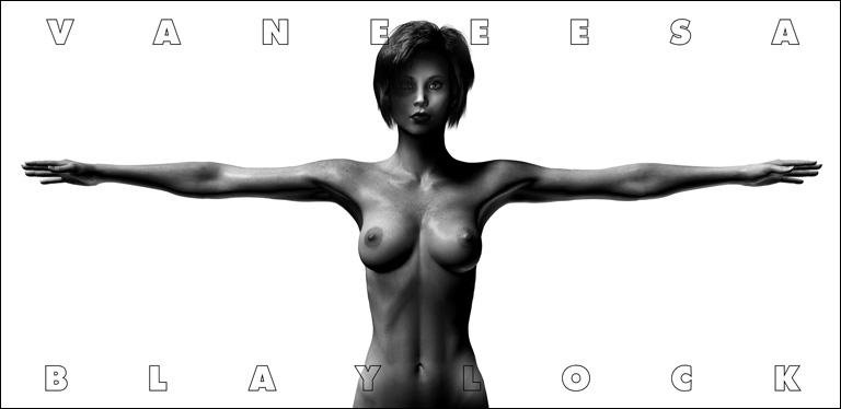 Image of Vaneeesa Blaylock, naked, arms extended, reminiscent of Leonard's Vitruvian Man