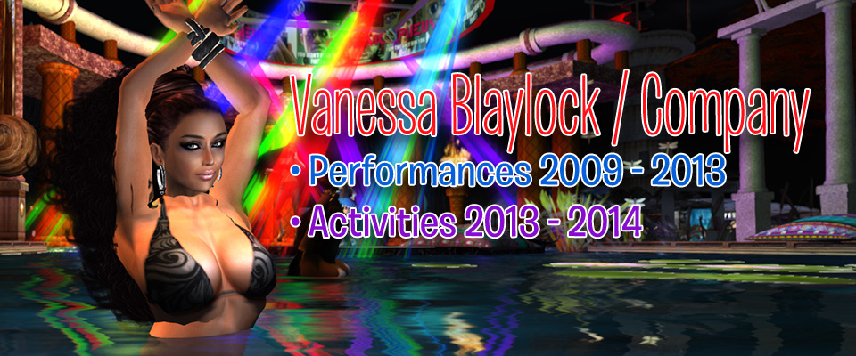 Vanessa Blaylock Company poster. Storm Sygall dances in front of brightly colored stage lights. Next to her is the typography: "Vanessa Blaylock / Company. Performances 2009 - 2013, Activities 2013 - 2014.