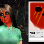 Girl in green polo shirt with red halloween-like face paint and Blue Mars pallet showing how to achieve this look