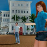PR Image from Blue Mars Online featuring a girl and guy in blue casual clothes in front of a Florida-like building