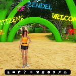 Vaneeesa Blaylock in Blue Mars standing in front of many green "welcome" arches