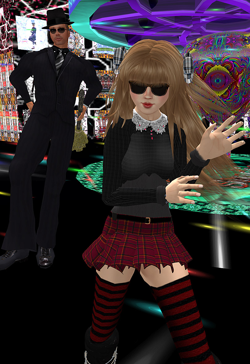 Screen Cap from MMO Second Life. Tuna Oddfellow's Tunaverse Dance Club where Aero Bigboots dances in a short skirt and sunglasses
