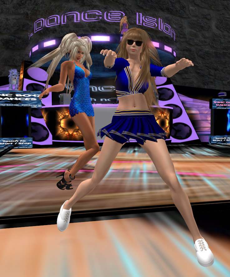 MMO image from Second Life, Dance Island, avatars Aero Bowman and Abbie Bulloch