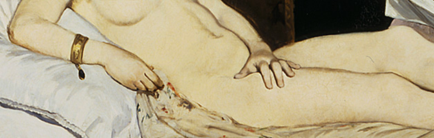 Detail of the 1863 painting Olympia by Victorine Meurent and Edouard Manet