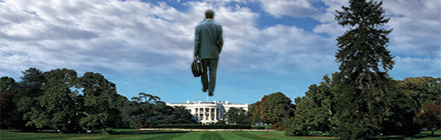 image from film "Being There" of Peter Sellars / Chauncey Gardiner walking on air above the White House