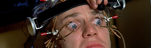 The character Alex receiving eye treatments in the film Clockwork Orange