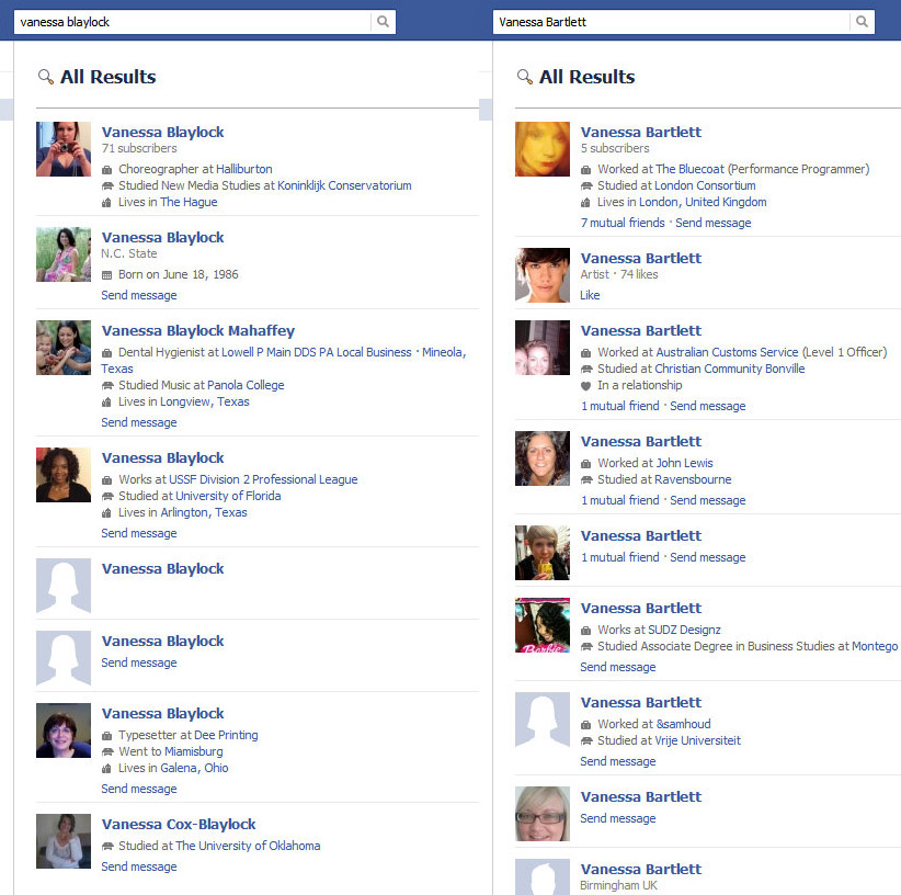 image of results of Facebook searches for "Vanessa Blaylock" and "Vanessa Bartlett"