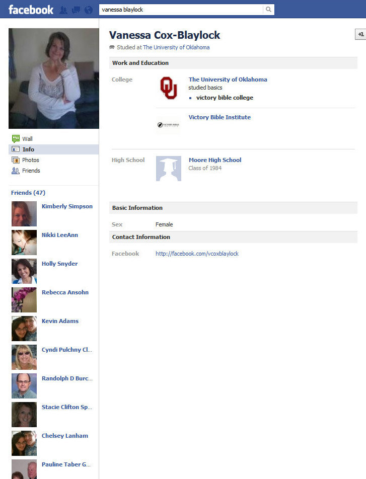 Profile page for 1 of the 8 people on Facebook named "Vanessa Blaylock"