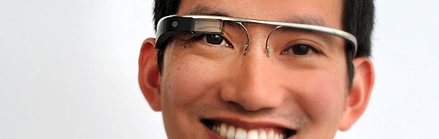 Google software engineer "Stephen" wearing mock-up concept of "Google Glass" glasses