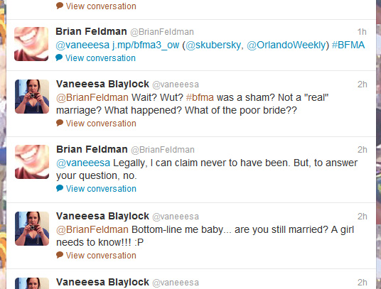 Image of twitter page with tweets between Vaneeesa Blaylock and Brian Feldman discussing his marriage to Hannah Miller and subsequent annulment 
