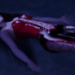 Liz Bowman floating in the water at Gallery Xue / San Francisco Bay, wearing a laced latex catsuit / corset from Ectomorph