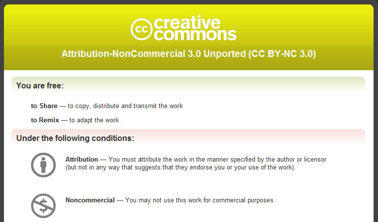 Screen Shot of Creative Commons Non-Commercial license