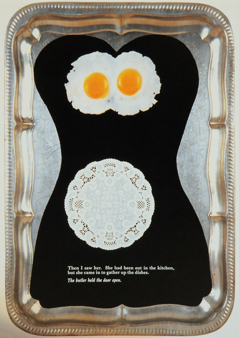 A collage / assemblage of plastic eggs on a black silhouette of a female figure all glued on a metal serving tray with pulp fiction text on the bottom. 
