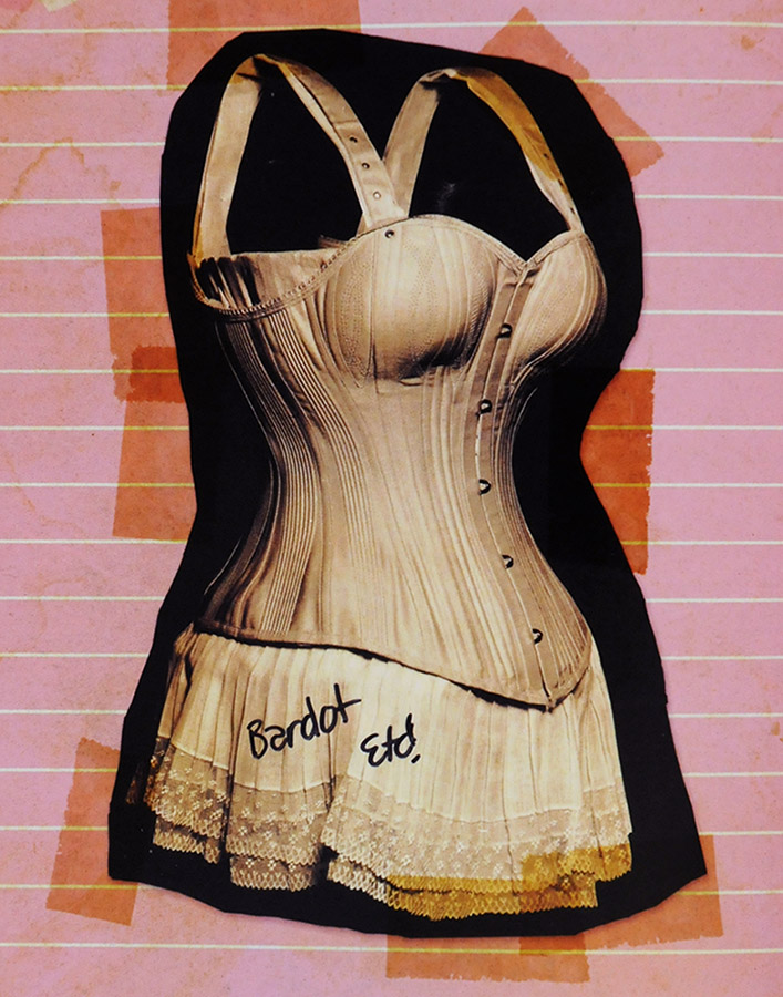 Photograph of skirted corset cut out and scotch taped onto pink lined paper with "Bardot etc!" hand written on the skirt