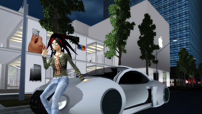 Avatar in front of futuristic car in front of Apple Store in Chinese Virtual World HiPiPHi