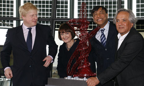 Boris Johnson, Tessa Jowell, Lakshmi Mittal, Anish Kapoor with model of ArcelorMittal Orbit