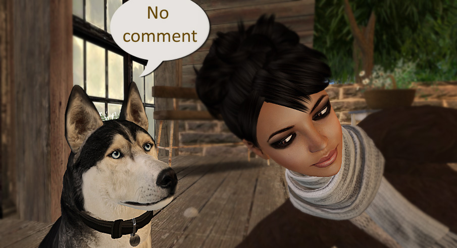 Image of Meandra with her dog, who has a speech bubble superimposed "no comment" 