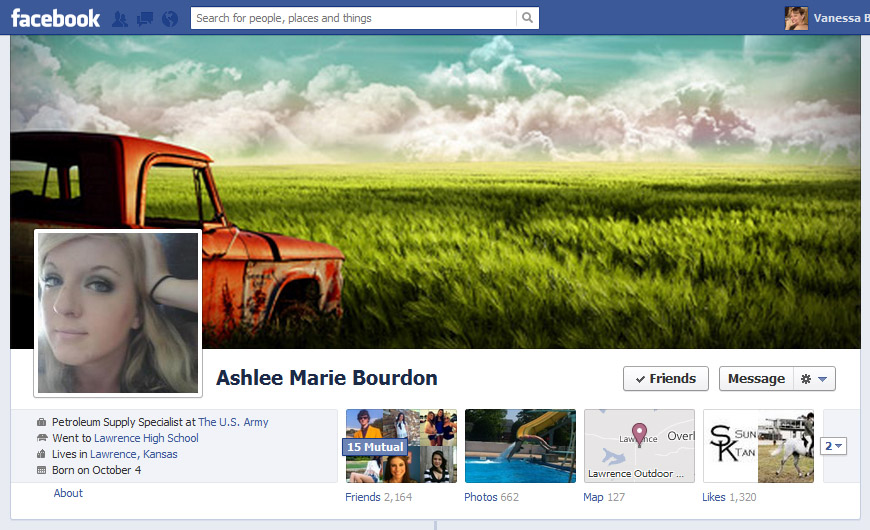 Screen Cap of Ashlee Marie Bourdon's Facebook Timeline Cover