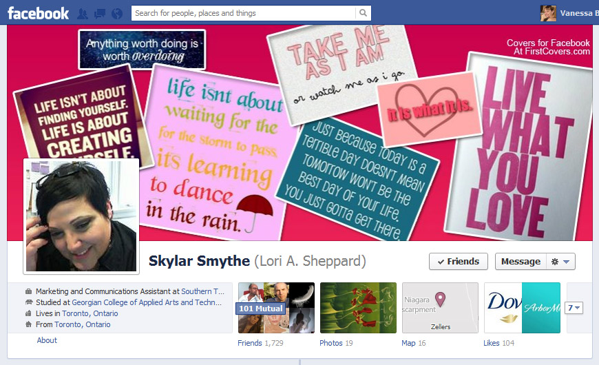 Screen Cap of Skylar Smythe / Lori Sheppard's Facebook Timeline Cover