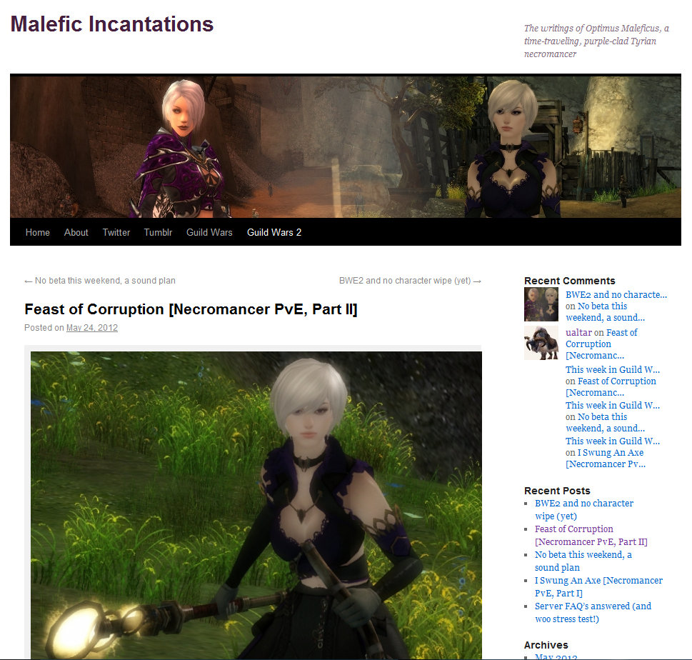 screen shot of home page of MMO Blog Malefic Incanatations