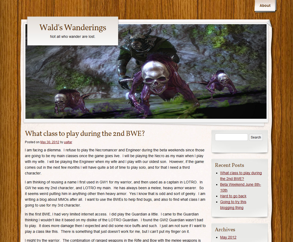 screen shot of home page of MMO blog "Wald's Wanderings"