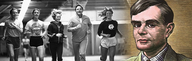 Montage of Senator Bayh with Purdue athletes and Alan Turing portrait illustration.