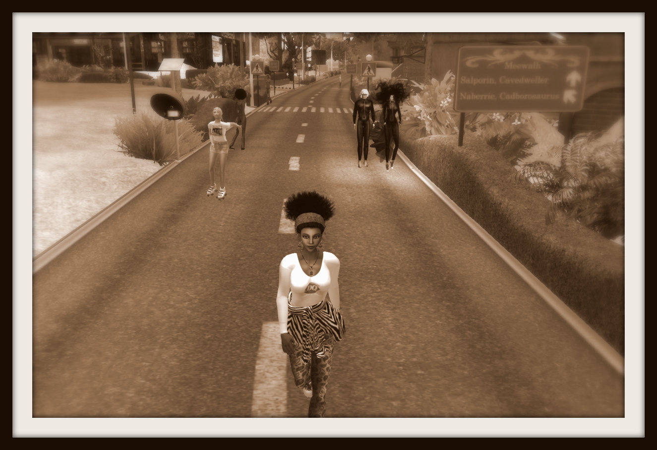 Vaneeesa Blaylock et al walking and jogging down a virtual street in Second Life