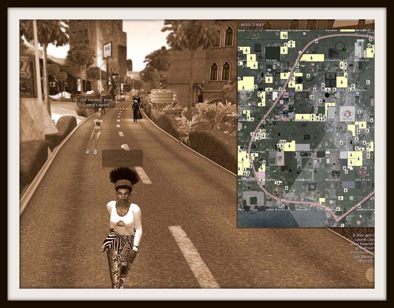 Screen Cap of Second Life Firestorm Viewer with avatars waking down a street