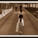Sepia Tone image of Vaneeesa Blaylock walking down a virtual street on the Second Life Mainland