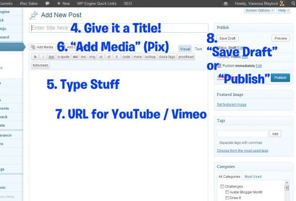 ScreenCap of iRez virtual salon showing how to add content to a new post