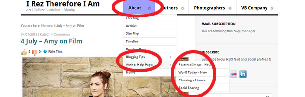 Screen Cap of this blog showing menu item to access "Author Help Pages"