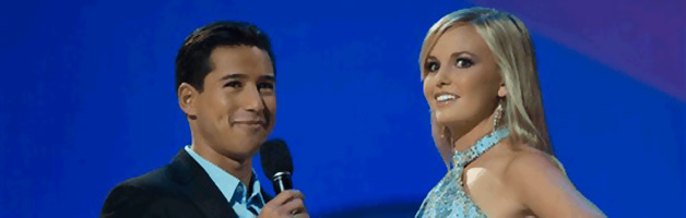 Image of Caitlin Upton answering her infamous question at the 2007 Miss Teen USA Pageant in Pasadena, California.