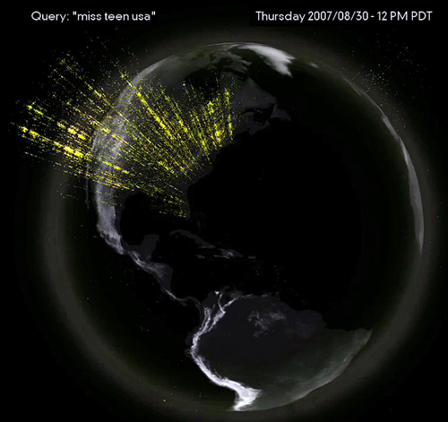 Yahoo Research Reverse IP Lookup map for search term "Miss Teen USA" showing the explosion of queries in 2007