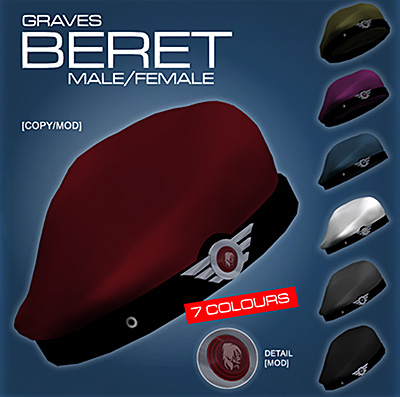 Advertising image for Graves Leather Latex Metal's "Beret" a paramilitary beret in 7 colors