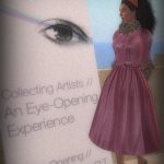Vaneeesa Blaylock in a long, dark pink dress, looking at an art poster