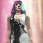 Vaneeesa Blaylock in white-skinned body makeup, a purple wig, and a latex unitard