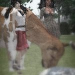 Xue Faith and Vaneeesa Blaylock stand on either side of a cow in a pasture.