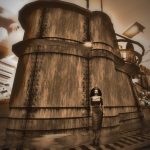 vintage, sepia-toned photograph of Vaneeesa Blaylock standing in front of the conning tower of a WWII era U-Boat