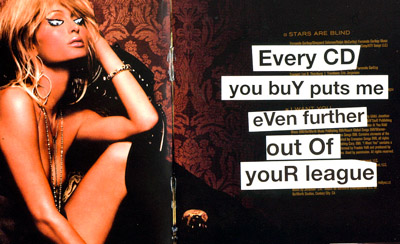 Image of Banksy's pranked version of Paris Hilton's CD with the text "Every CD you buy puts me even further out of your league"