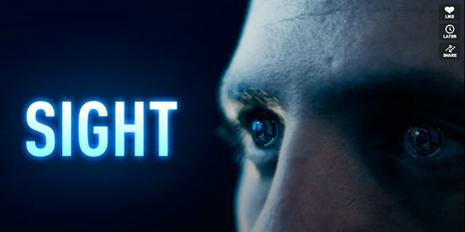 Title Frame from Eran May-raz and Daniel Lazo's new film Sight. Image is of the title, "Sight" and a close up of a man's face, where his eyes seem to have some sort of "active architecture"