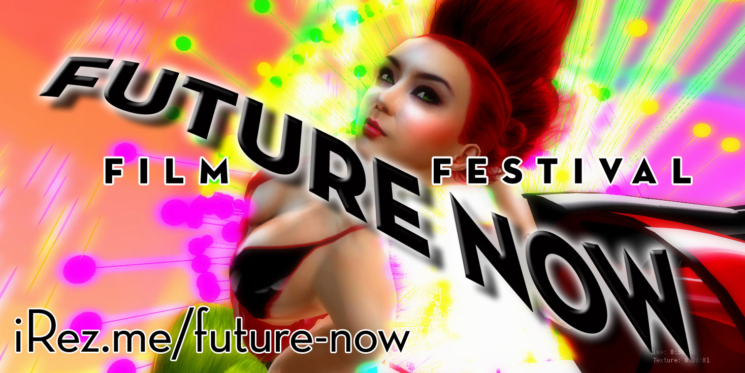 Poster art for iRez "Future Now Film Festival" with graphic type superimposed over a "technicolor" photograph of Xue Faith performing in VB34 Net / Work