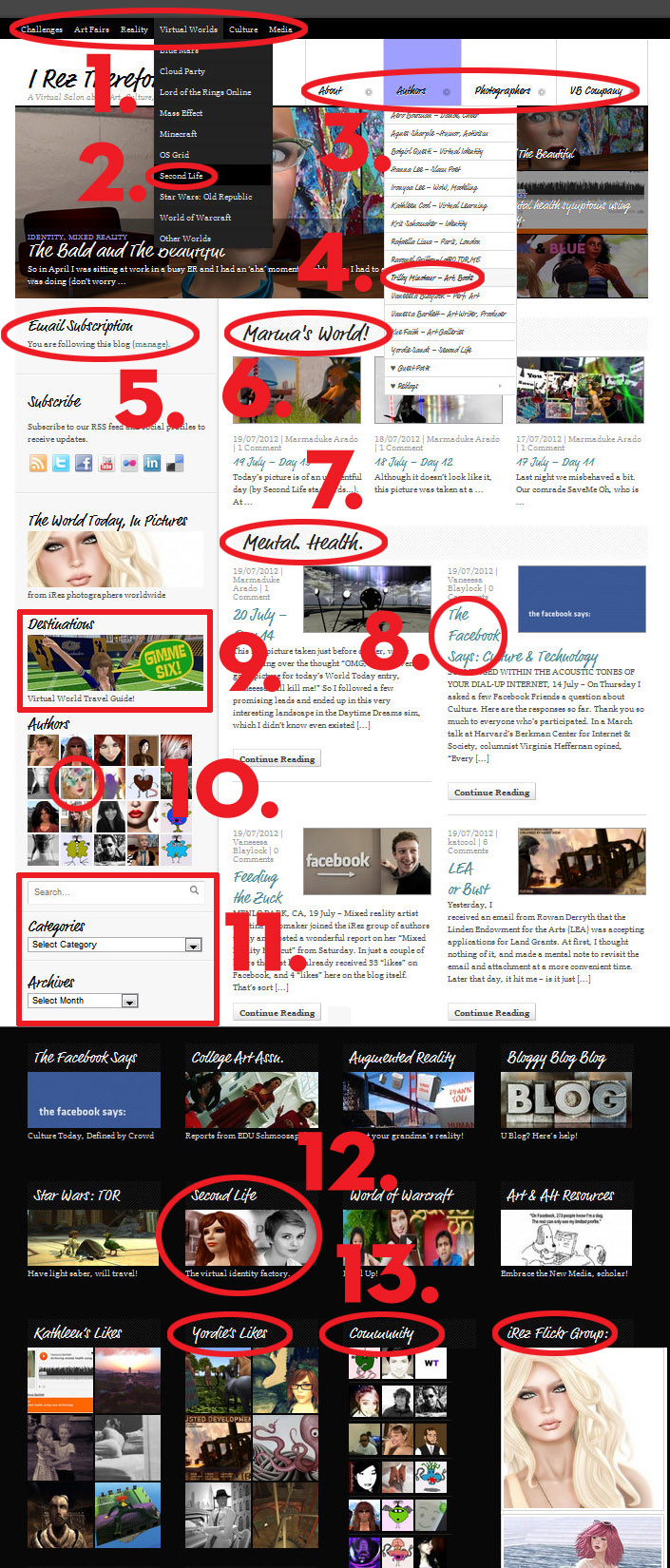 Screen Cap of entire iRez home page using WooThemes Delicious Magazine on WordPress.com with many different navigation choices circled in red and with numbers keyed to text below